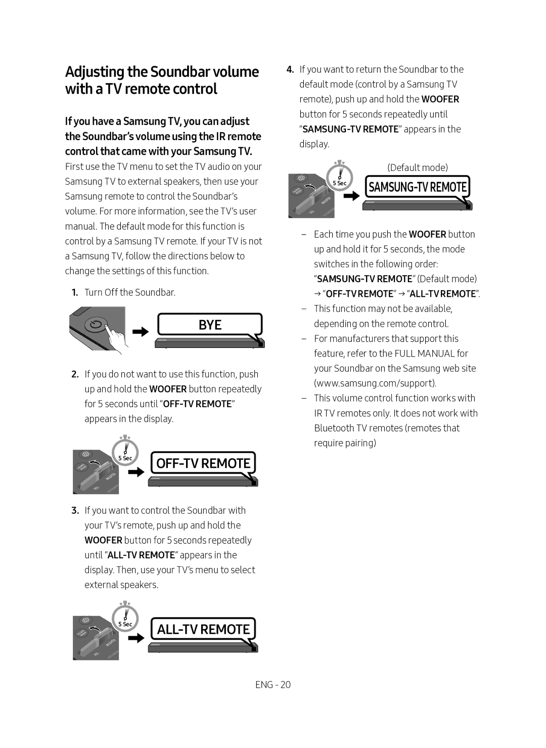 Samsung HW-N450/ZF manual Adjusting the Soundbar volume with a TV remote control, → Off‑Tv Remote → All‑Tv Remote 